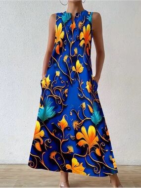 Blue Floral A-Line Maxi Dress Sleeveless Pockets Flowy Boho L
